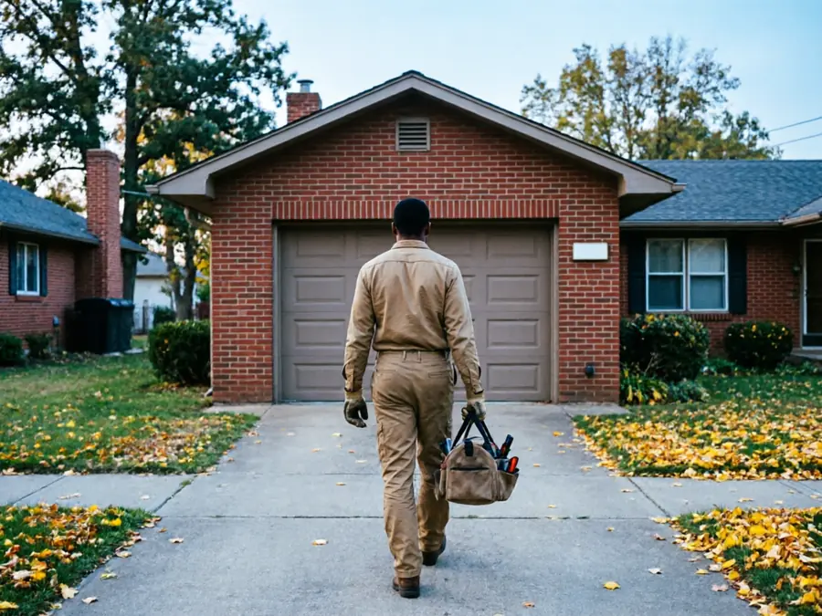 A technician walks toward a house with a closed garage door, carrying a tool bag.