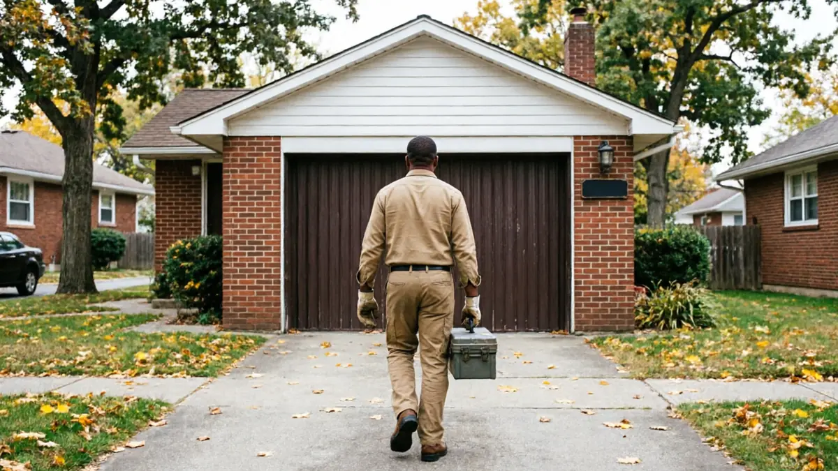 Technician on a stepladder installing a white carriage-style garage door with windows