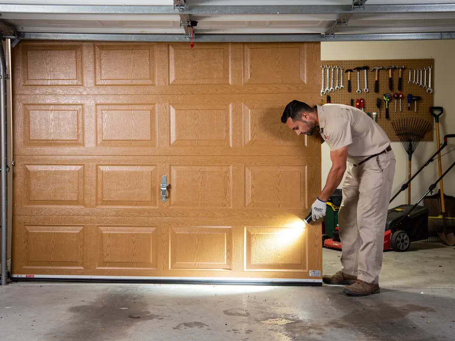 A technician shines a flashlight on the bottom of a brown garage door.