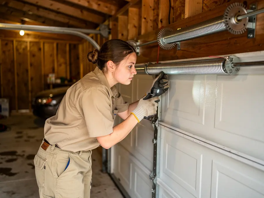 A technician inspects a garage door torsion spring with a flashlight.