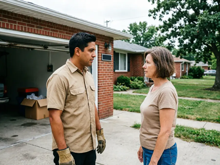 A technician and a woman stand talking in a driveway in front of a garage.