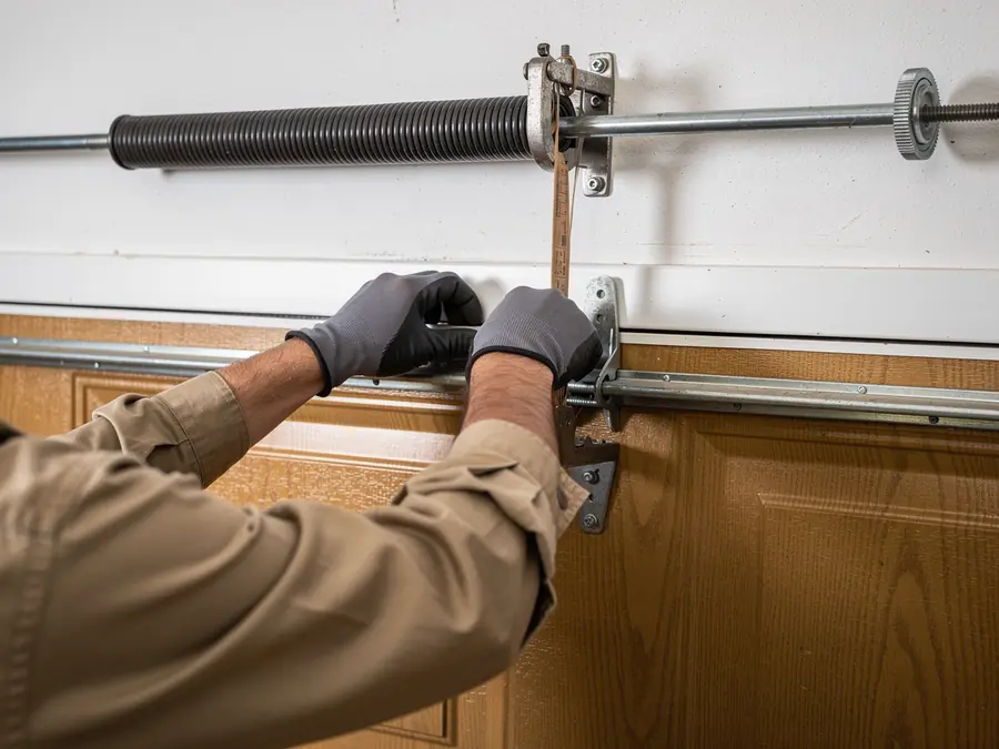 A technician's gloved hands adjust a garage door torsion spring.