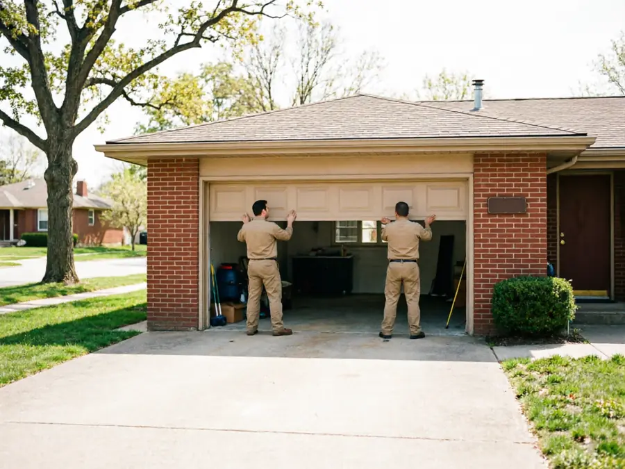 Two technicians are installing a beige garage door on a brick house.