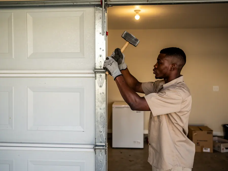 A technician in gloves uses a hammer on a white garage door track.