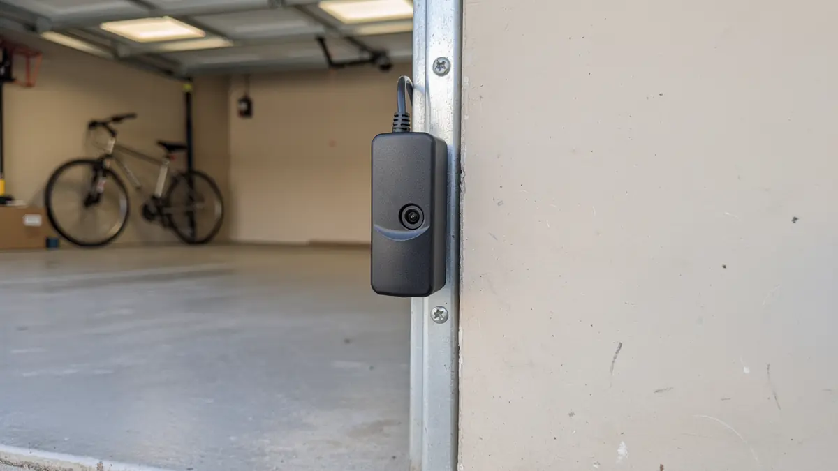 A black smart garage door sensor is mounted on the garage door frame.