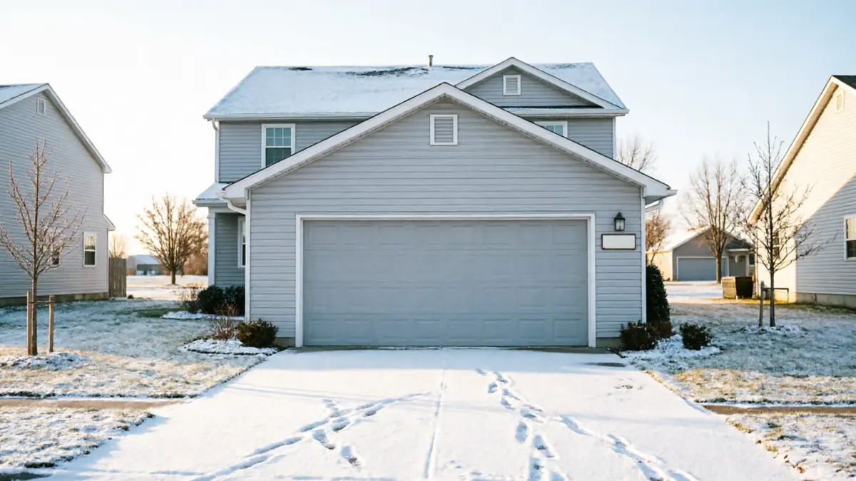 A light gray house with a two-car garage and a snow-covered driveway.