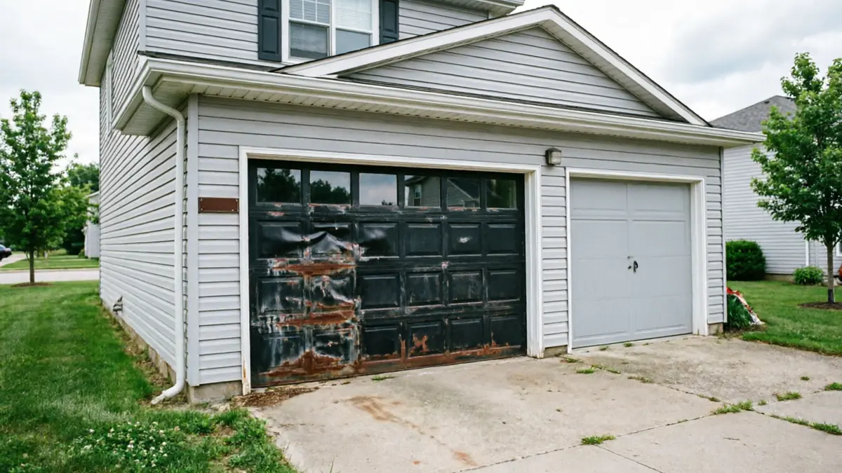A house with light gray siding has two garage doors, one black and one light gray.